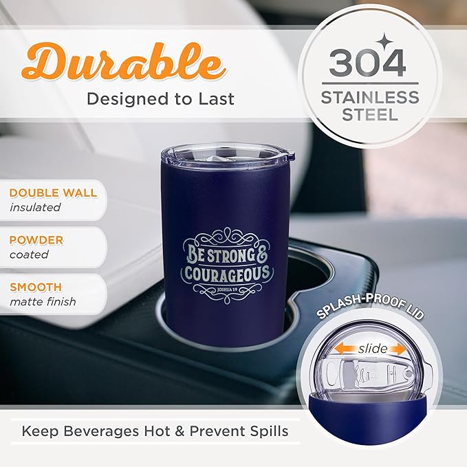 Christian Art Gifts Large Insulated Stainless Steel Travel Mug Tumbler for Men & Women: Strong & Courageous Uplifting Scripture, Double Wall Vacuum Sealed, Retractable Lid, Navy Blue & Silver, 18 oz.