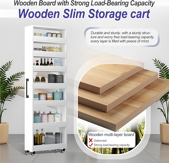 7-Tier Slim Storage Cart, Wooden Rolling Pantry Cabinet with Wheels, Narrow Shelf Organizer for Kitchen, Bakers Rack, Dining Room, Closet, Small Spaces Gray 73.2''H*5.9''W*23.6''D