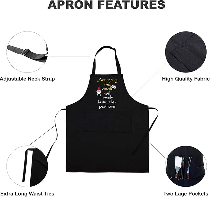ZOORON Funny Black Chef Aprons for Men Adjustable BBQ Grill Kitchen Cooking Aprons with Pockets, Grill Accessories
