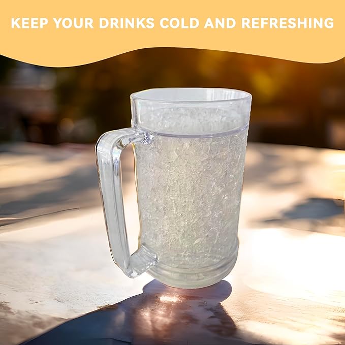 Lily's Home 16oz set of 4 Insulated Double Wall Gel-Filled Acrylic Frosted Freezer Stein Mugs, Great as Old Fashion Drinking Glasses at BBQs and Parties, Clear