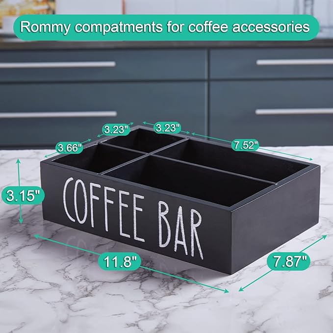 ALEION Coffee Station Organizer - Wood Countertop Accessories Organizer with Removable Dividers for Pods Condiment Syrup Tea Cups Stirrers - for Farmhouse Coffee Bar Decor