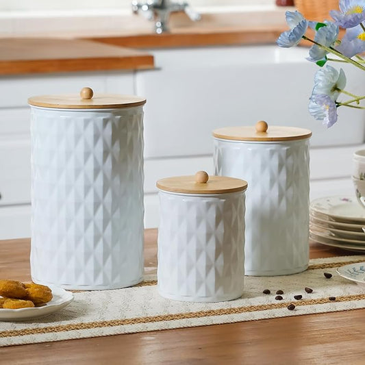 Kitchen Canister Set of 3 Tea Coffee Sugar Containers with Airtight Bamboo Lids Food Flour Storage for Countertop Metal White Diamond Pattern Embossed Farmhouse Decor
