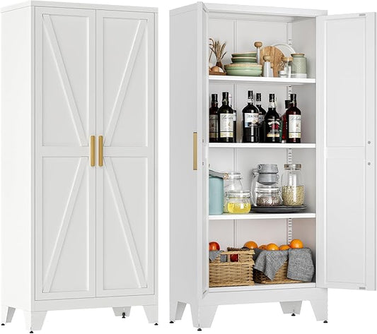 61" Tall Metal Storage Cabinet with 2 Doors and 3 Adjustable Shelves, 4-Tier Kitchen Pantry Storage Cabinet for Kitchen, Living Room, Dining Room and Office, White