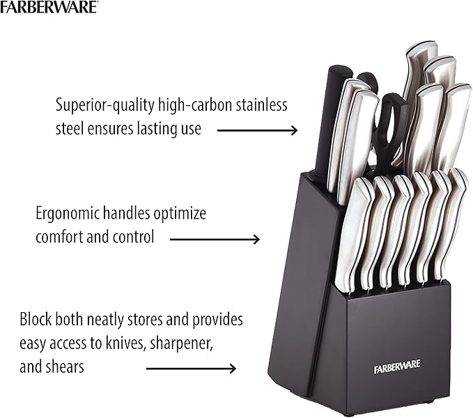 FARBERWARE 15-Piece Kitchen Knife Set with High-Carbon Stainless Steel Blades, Black Handles, Steak Knives, Wood Block, Razor Sharp and Ergonomic