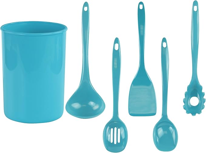 Reston Lloyd 6 Piece Kitchen Utensil Holder for kitchen counter, Utensils crock with Heat Resistant Spoon, Slotted Spoon, Ladle, Spatula BPA Free, Aqua-Blue