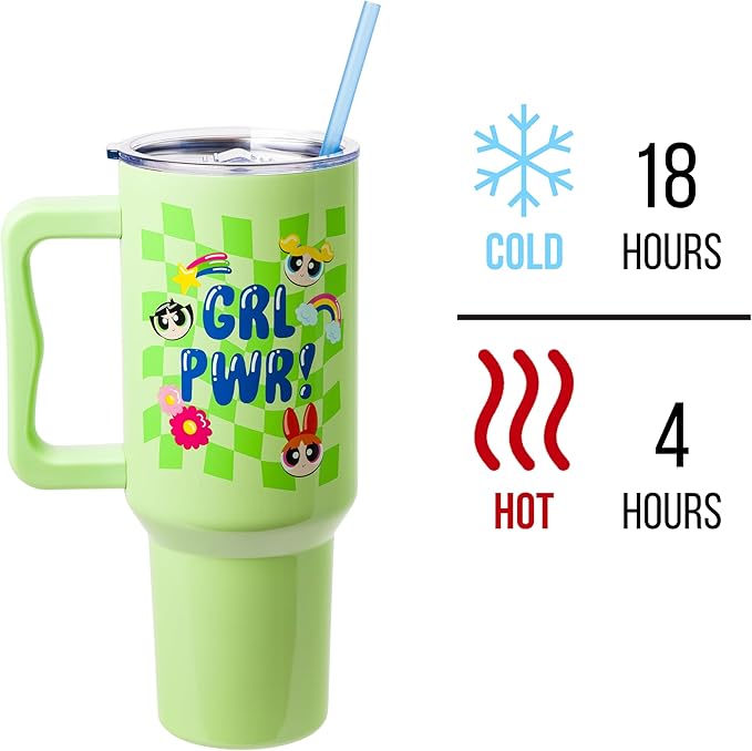 Silver Buffalo Powerpuff Girls Girl Power Groovy Retro Featuring Blossom, Bubbles, and Buttercup Stainless Steel Tumbler with Handle and Straw, Fits in Standard Cup Holder, 40 Ounces