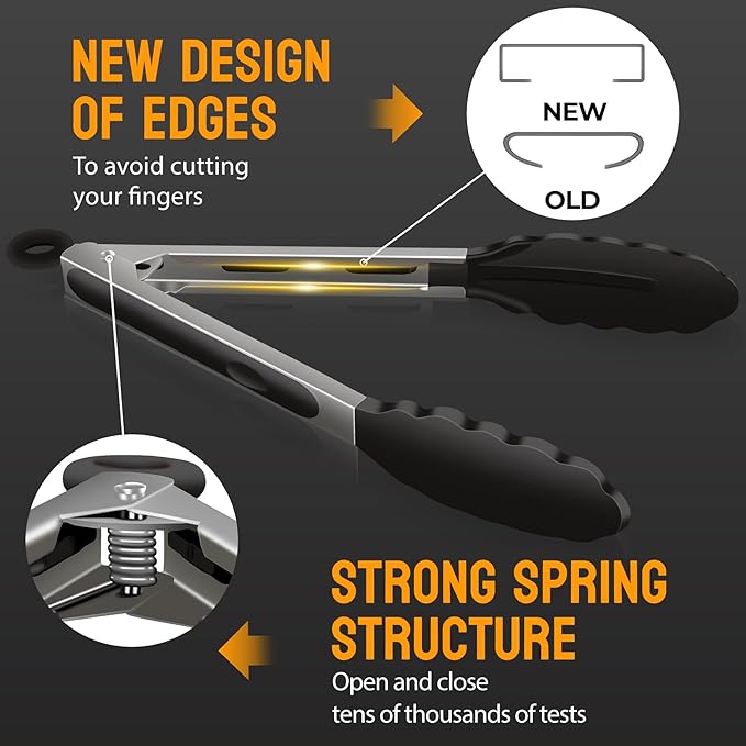 HOTEC Premium 7 & 9 Inch Kitchen Tongs, Stainless Steel Locking Cooking Tongs with Silicone Tips, Non-Scratch & Heat Resistant, Serving Tongs for Salad, BBQ, Black, Set of 2