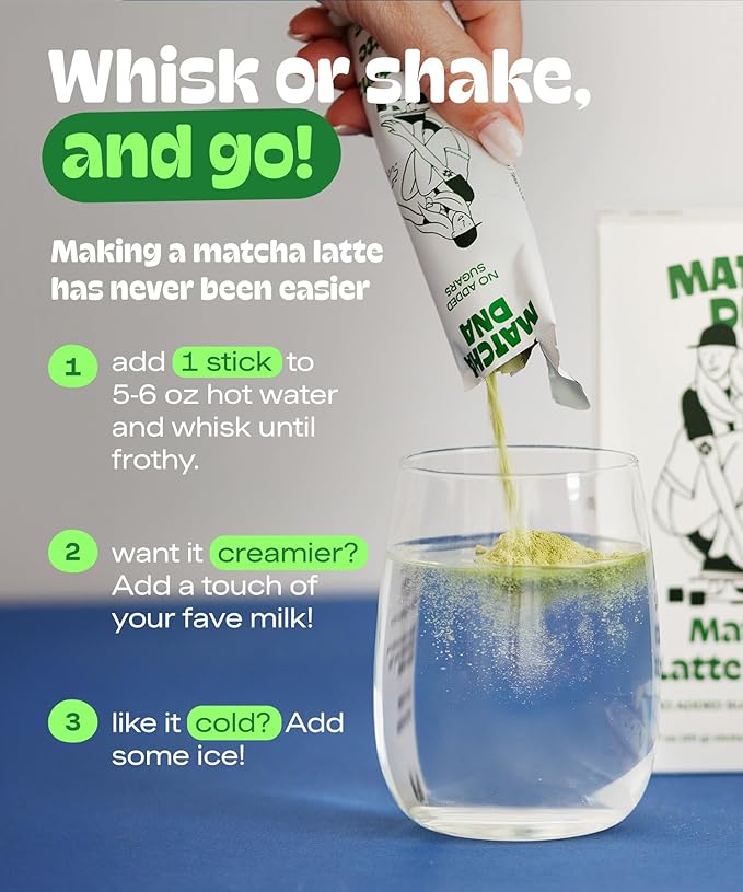 MatchaDNA Matcha Powder Sticks 7 Pack (20g Each) – Sweetened with Milk, No Sugar Added – Organic Matcha Powder Green Tea Latte Mix for Hot or Iced Drinks – Organic Macha Tea, Smooth Energy Boost