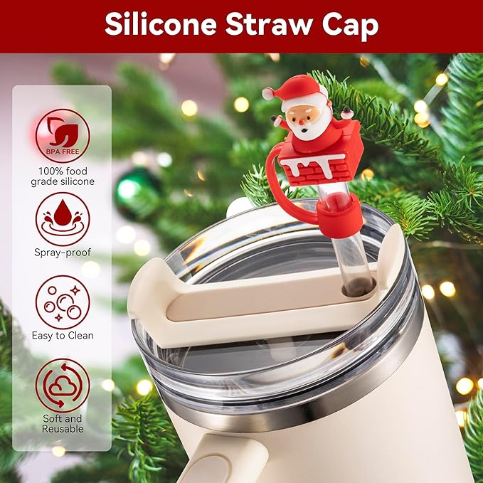 Straw Cover Cap for Stanley Cup 30 40 oz, Silicone Straw Toppers Christmas Hat, Tumbler Cup Accessories for 10mm 0.4in Straws Cute Christmas Ornaments Gifts for Women