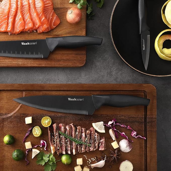 Wanbasion 16pcs Black Kitchen Knife Set with Block, Stainless Steel Knives Set for Kitchen, Professional Chef Knife Sets for Kitchen with Sharpener Acrylic Block