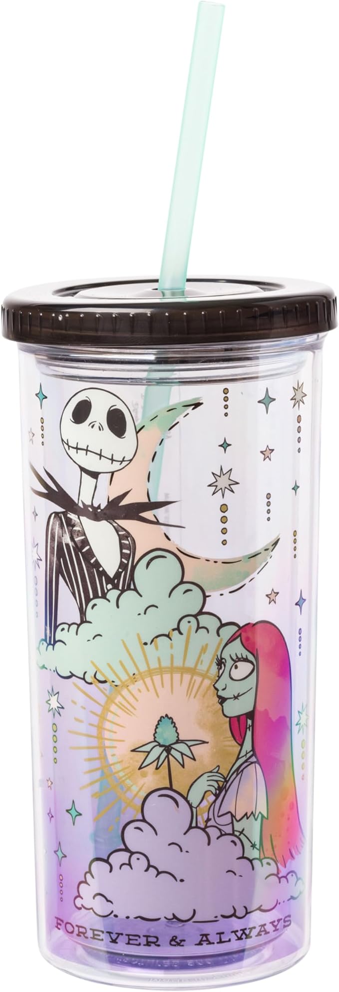 Silver Buffalo Disney Nightmare Before Christmas “Forever and Always” Featuring Jack Skellington and Sally Plastic Tall Cold Cup with Lid and Straw, 20 Ounces