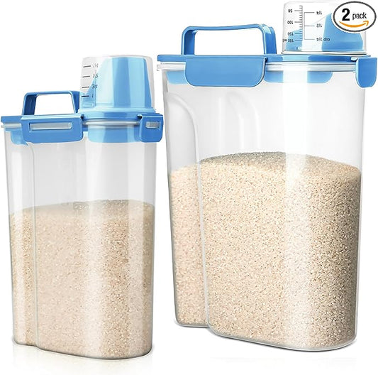 Rice Storage Container, 5 to 10lb Dry Food Airtight Dispenser, Pet Dog Cat Food Canister, BPA Free Clear Plastic Kitchen and Pantry Bin for Oatmeal, Cereal, Pasta, Flour Pack of 2 Blue