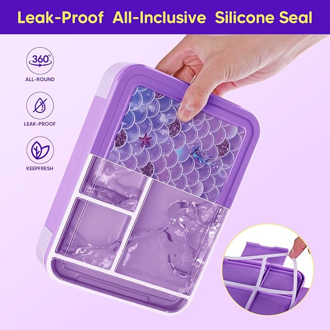 JYPS Bento Box for Kids,Leak-Proof Kids Lunch Box with 6 Compartments,Sauce Container,Utensils,BPA Free Microwave/Dishwasher Safe Lunch Container for Girls and Toddlers Back to School-Purple M