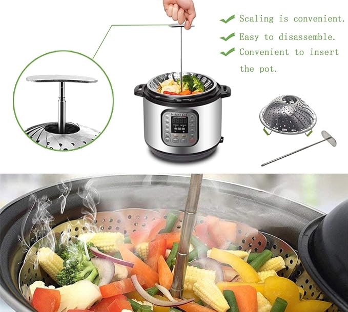 Steamer Basket, Veggie Steamer Basket for Cooking Stainless Steel Folding Vegetable Steamer Insert with Extending Removable Center Handle Expandable to Fit Various Size Pot(5.5" to 9")