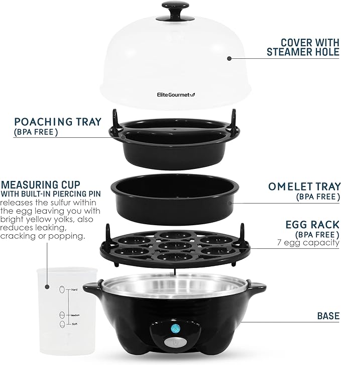 Elite Gourmet EGC-007B# Rapid Egg Cooker, 7 Easy-To-Peel, Hard, Medium, Soft Boiled Eggs, Poacher, Omelet Maker, Auto Shut-Off, Alarm, 16-Recipe Booklet, Black