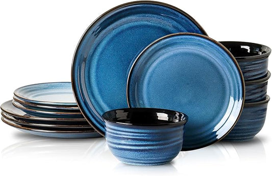 Hasense Plates and Bowls Set, 12 Pieces Ceramic Reactive Glaze Dinnerware Set of 4, Chip and Scratch Resistant Dinner Dishes Service, Handmade Serving Dish, Blue