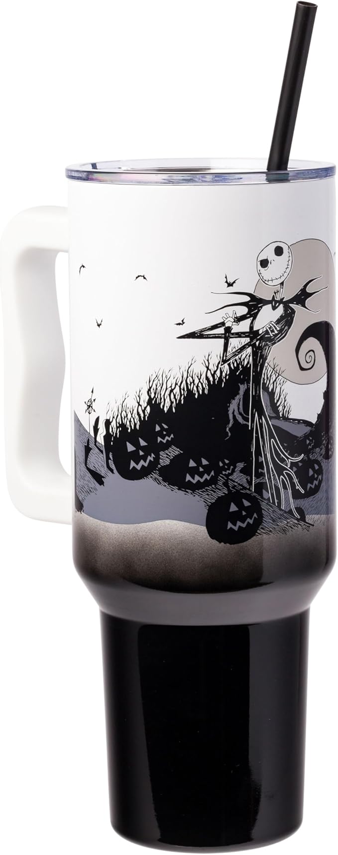 Silver Buffalo Disney Nightmare Before Christmas by Tim Burton Jack Skellington Hill and Moon Stainless Steel Tumbler with Handle and Straw, Fits in Standard Cup Holder, 40 Ounces