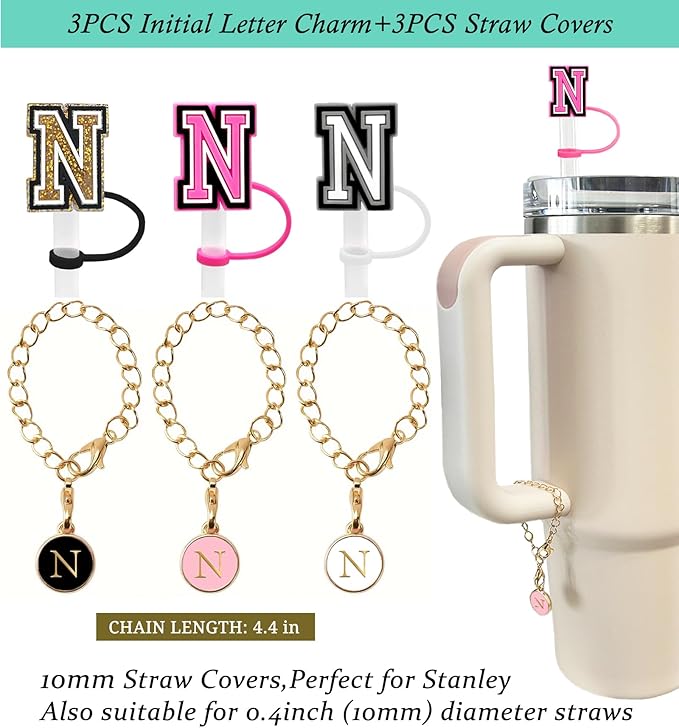 （3 +3) 3PCS Nuozme Straw Cover 10mm For Stanley Tumbler Cup Reusable Straw Cap Topper with 3 Initial Letter Charms Accessories Name ID Personalized Handle Charm For Stanley 30&40 Oz Cup Tumbler