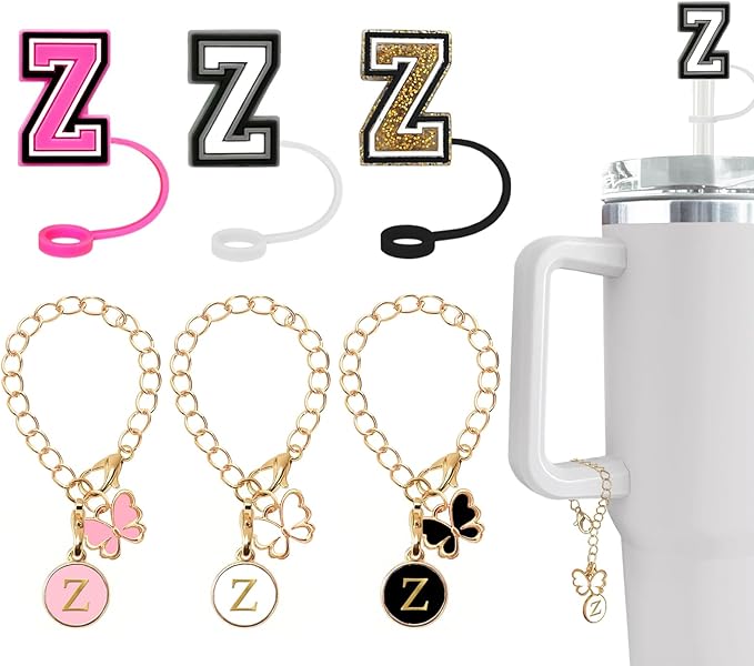 （3 +3) Nuozme Straw Cover Compatible with Stanley Tumbler Cup 3PCS Letter Straw Caps Toppers with 3 Initial Butterfly Charms Name ID For Stanley 30&40 Oz Cup