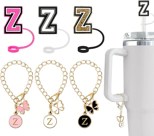 （3 +3) Nuozme Straw Cover Compatible with Stanley Tumbler Cup 3PCS Letter Straw Caps Toppers with 3 Initial Butterfly Charms Name ID For Stanley 30&40 Oz Cup