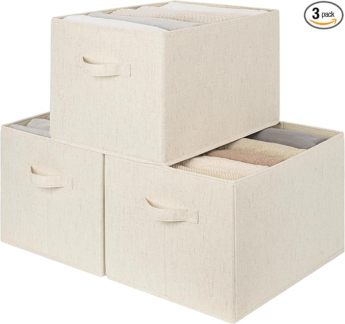 StorageWorks Storage Baskets for Shelves, Foldable Fabric Closet Storage Bins with Handles, Fabric Storage Bins Clothes Organizer, Beige(Cotton-linen), 3-Pack, Extra Large