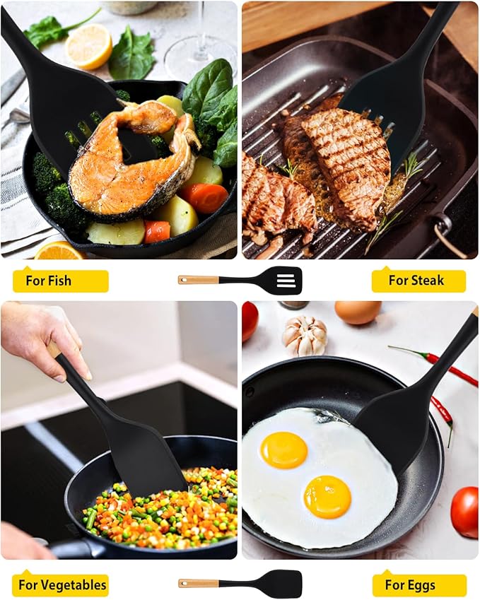 Pack of 2 Large Silicone Spatula, Heat Resistant Solid Turner, Non Stick Slotted Spatulas with Wooden Handle, Ideal Kitchen Utensils for Flipping, Pancakes, Eggs, Fish(BLACK)