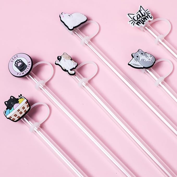 6PCS Straw Covers for Stanley Cup Tumbler 30 oz / 40 oz Leak Proof Straw Toppers 10mm Silicone Cute Caps for Stanley Cup Accessories-Cute Cat