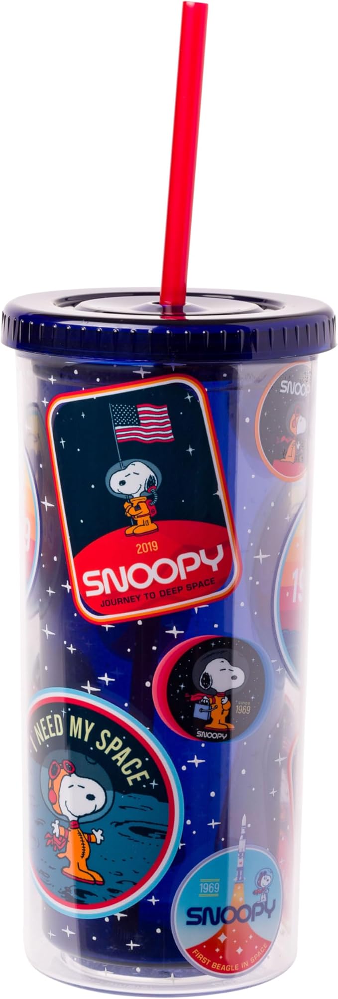 Silver Buffalo Peanuts Space Traveling Patches Featuing Snoopy Plastic Tall Cold Cup with Lid and Straw, 20 Ounces