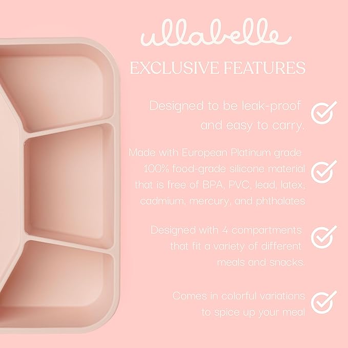 Ullabelle Leak Proof Bento Box Food-Grade Silicone Bento, BPA, Phthalate, Lead, & PVC Free - Bento Lunch Box for Daycare, Kids, & Adults - Leak Resistant Sets With Lids Snack Box Container (Pink 4)