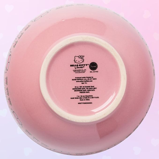 Silver Buffalo Sanrio Hello Kitty Flowers Pattern Ceramic Ramen Noodle Rice Bowl with Chopsticks, Microwave Safe, 20 Ounces