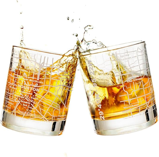 Greenline Goods Whiskey Glasses - 10 Oz Tumbler Gift Set for Houston lovers, Etched with Houston Map | Old Fashioned Rocks Glass - Set of 2