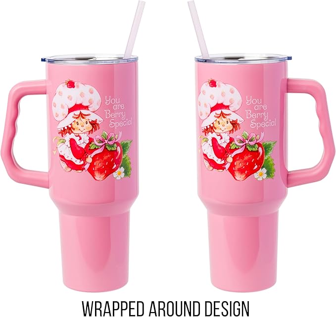 Silver Buffalo Strawberry Shortcake You Are Berry Special Vintage Berry Pink Stainless Steel Tumbler with Handle and Straw, Fits in Standard Cup Holder, 40 Ounces