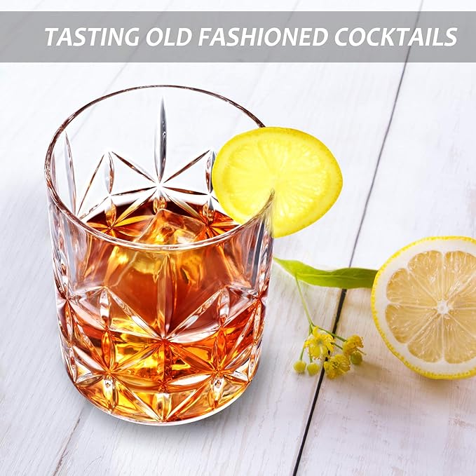 Whiskey Glass, Whiskey Glass Set of 4, Veecom 10 oz Thick Bottom Old Fashioned Whiskey Glasses for Men, Premium Whiskey Gifts for Bourbon, Scotch, Cocktail(Glass Set 4)