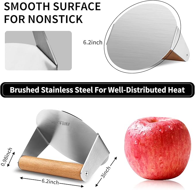 ALLTOP Smash Burger Press,Stainless Steel Non-Stick Hamburger Press Patty Maker for Flat Top Griddle,Grill,BBQ,Kitchen - Round Accessory (6.2” Wood Handle)