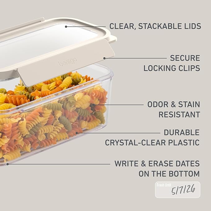Bentgo Pantry - 22-Piece Airtight Food Storage Containers, Clear and Stackable Kitchen and Pantry Organization Set, Locking Lids for Freshness, Bonus Cereal Lid & Scoop, BPA-Free Plastic (White Stone)