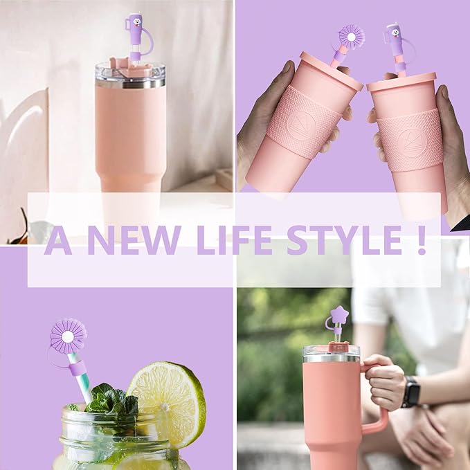 3 Pcs Cute Purple Straw Covers Cap Toppers Compatible with Stanley 30&40 oz Tumbler Cup,Reusable Silicone Straws Tips Lids Protectors for 0.4 in/10mm Stanleys Cups Accessories
