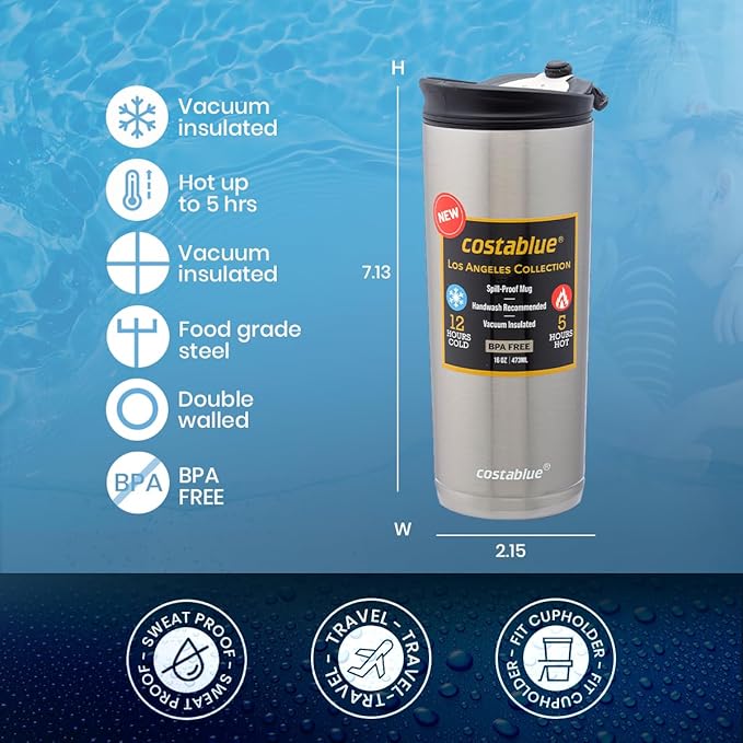 Travel Coffee Mug - 16 Oz. Stainless Steel Insulated Coffee Mug, Leak Proof Tumbler w/Dishwasher Safe Lid, Double Wall Travel Coffee Cup, Reusable Insulated Tumbler for Hot & Cold Beverages