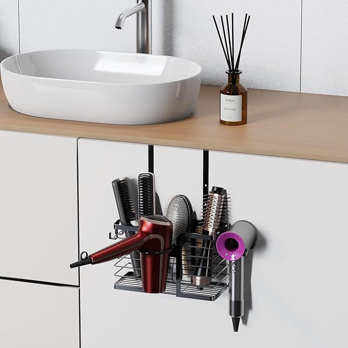 YIGII Hair Dryer Holder,3 in 1 Hair Tools Organizer Blow Dryer Holder Adjustable Height Cabinet Door/Wall Mounted Bathroom Organizer and Storage for Hair Dryer,Flat Irons,Curing Wands.