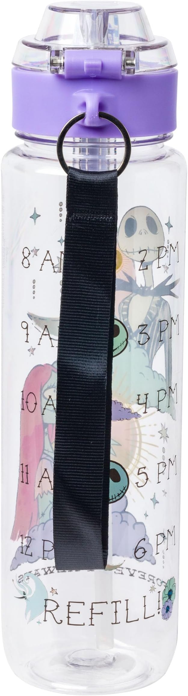 Silver Buffalo Disney Tim Burton's Nightmare Before Christmas Mystic Opulence Hydration Tracker Schedule Plastic Water Bottle With Locking Lid, Strap, and Straw, 33 Ounces