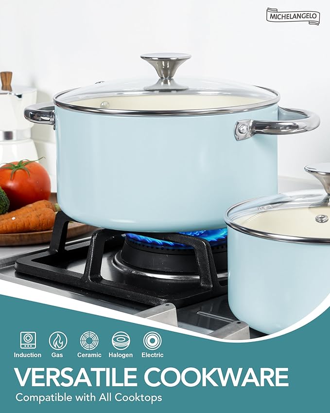 MICHELANGELO Pots and Pans Set Non Stick Ceramic Cookware Set, 8-Piece Nonstick Pots and Pans, Non-Toxic, Oven Safe & Compatible with All Stovetops - Blue