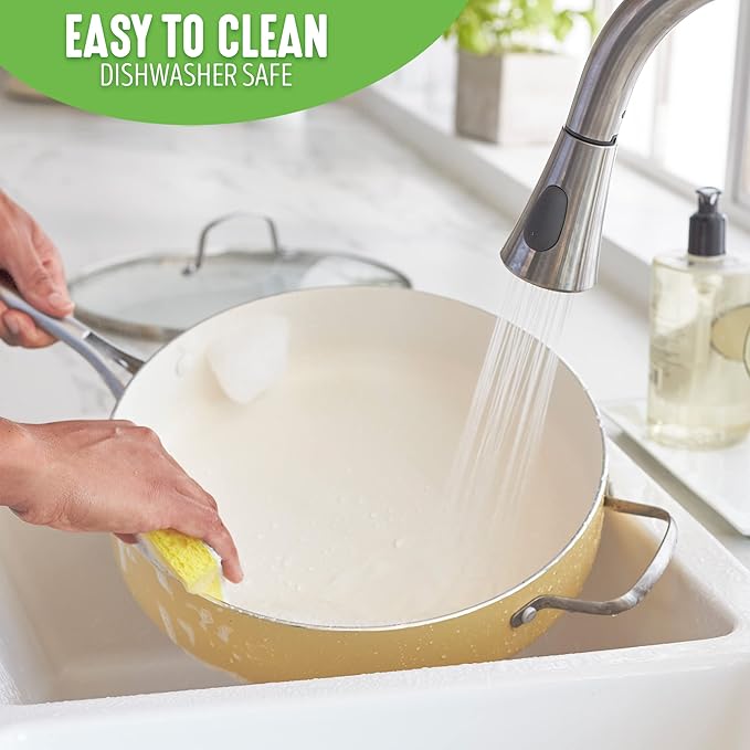 GreenLife Artisan Healthy Ceramic Nonstick, 5QT Saute Pan Jumbo Cooker with Helper Handle and Lid, Stainless Steel Handle, Induction, PFAS-Free, Dishwasher Safe, Oven Safe, Yellow