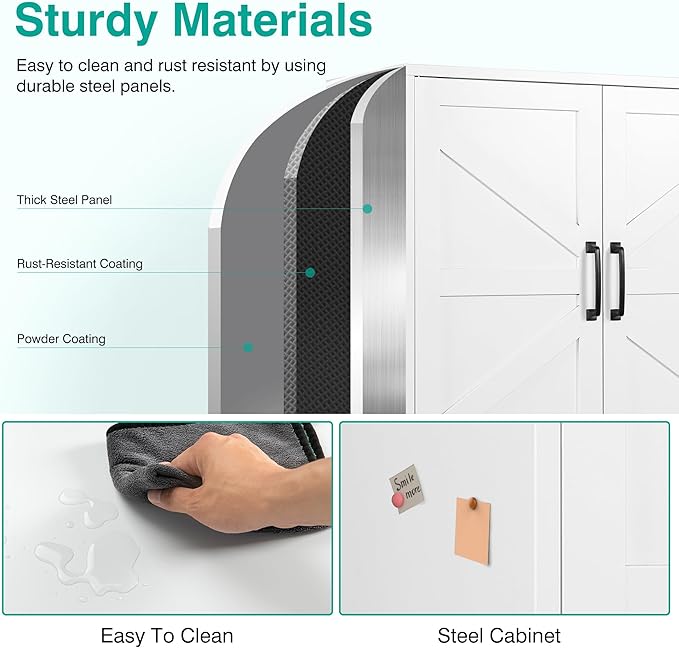 White Storage Cabinet with Doors and Adjustable Shelves,36" Farmhouse Food Pantry Cabinets,Small Sideboard Cabinet,Short Metal Storage Cabinets for Home Kitchen,Dining/Living/Laundry/Room