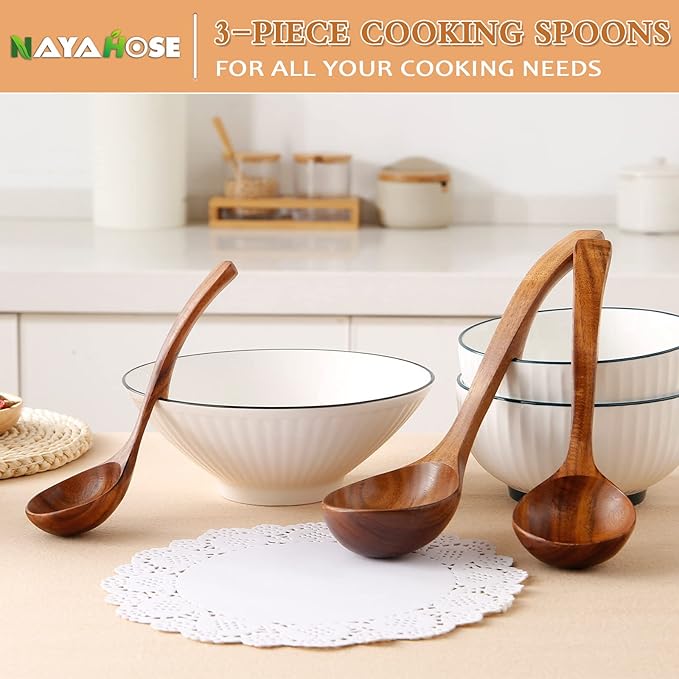 Wooden Ladle for Soup, 3Pcs Wooden Spoons for Cooking, Non-Stick Wood Spoon, Natural Teak Wood Cooking Spoons, Kitchen Utensils Spoons Set