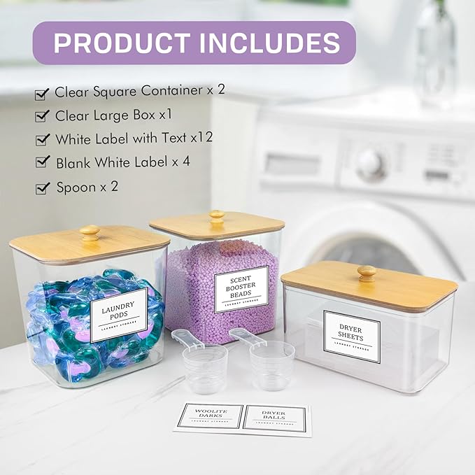 2+1 Pack Laundry Pods Container,Clear Laundry Detergent Powder Storage Containers,Laundry Room Organization Containers with Wooden Lids & Labels,Laundry Pods Holder for Scent Booster,Dryer Ball