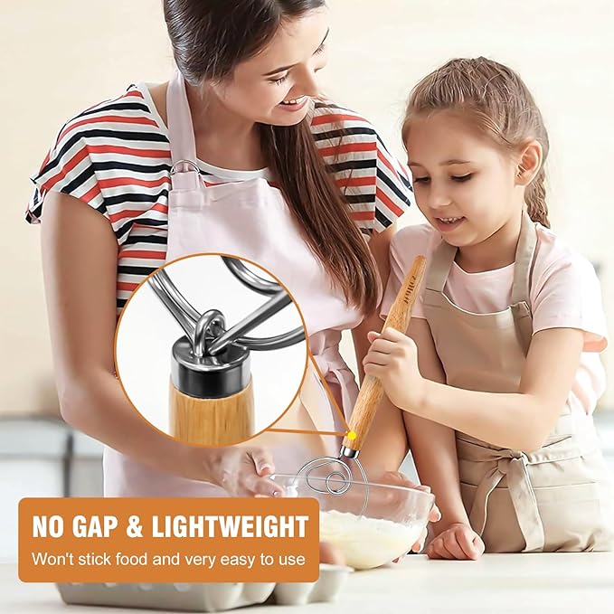 Walfos Wood Danish Dough Whisk Set 2pcs Wooden Danish Sourdough Bread Dough Whisks with Stainless Steel Ring, Kitchen Hand Bread Mixer Dough Whisking Tools for Sourdough, Cake, Pizza, Pastry