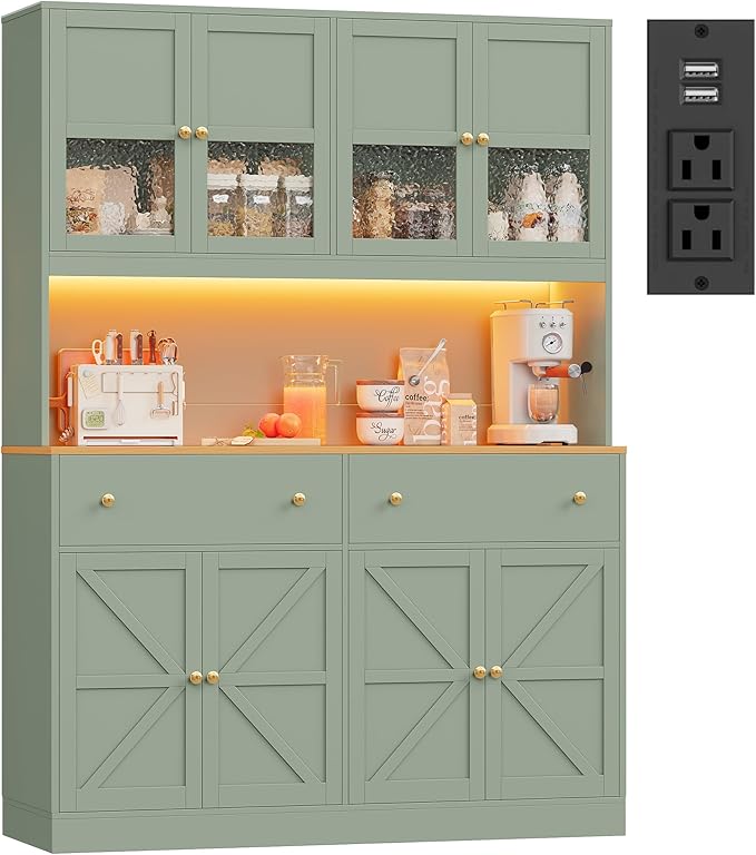 FINETONES 71" Pantry Cabinet with LED Light and Charging Station, Farmhouse Kitchen Pantry Cabinet with Microwave Stand, 47.2" Wide Kitchen Hutch Food Pantry with Open Countertop, Green