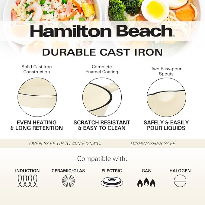 Hamilton Beach Enameled Cast Iron Fry Pan 10-Inch Cream, Cream Enamel Coating, Skillet Pan for Stove Top and Oven