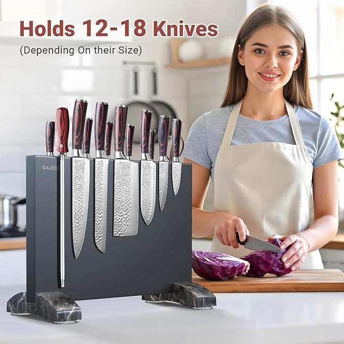 Magnetic Knife Block, Magnetic Kitchen Knife Holder Stand with Strong Magnet Strip for Kitchen Counter, Stainless Steel Double-Sided Universal Knife Storage Rack Organizer Without Knives-Black