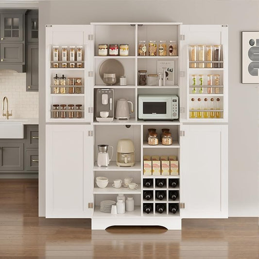 71" Tall Kitchen Pantry, Farmhouse Storage Cabinet with Doors, Shelves, Rustic Wood Cupboard, Built-in Wine Storage Grid & 6 Door Shelves for Kitchen, Dining Room, White