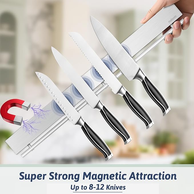 23 Inch Magnetic Knife Holder for Wall - Stainless Steel Magnet Knife Strip No Drill with 15 Hooks/Adhesive Tape/Screws, Kitchen Utensil Holder, Magnetic Knife Organizer, Wall Mounted Knife Storage